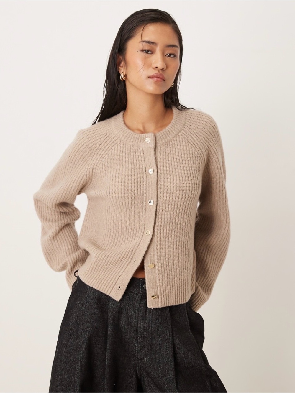 Abercrombie & Fitch Taupe Crue Cardigan with Gold Button-Front